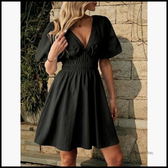 Summer Cotton Deep V Neck Puff Sleeve A-Line Mini Dress with Pockets - Picture 2 of 7